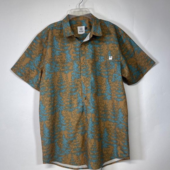 FLYLOW Mens Large Button Up Shirt Short Sleeve Brown Blue Tree Print Casual - Picture 1 of 9
